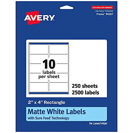 Avery&reg; Permanent Labels With Sure Feed&reg;, 94207-WMP250, Rectangle, 2" x 4", White, Pack Of 2,500 Fan Favorite