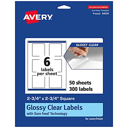 Avery&reg; Glossy Permanent Labels With Sure Feed&reg;, 94109-CGF50, Square, 2-3/4" x 2-3/4", Clear, Pack Of 300 Best Price