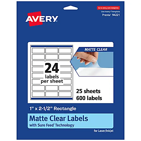 New Release Avery&reg; Permanent Labels With Sure Feed&reg;, 94221-CMF25, Rectangle, 1" x 2-1/2", Matte Clear, Pack Of 600