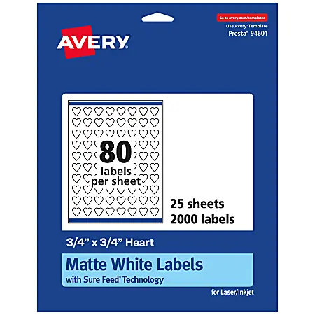 Fan Favorite Avery&reg; Permanent Labels With Sure Feed&reg;, 94601-WMP25, Heart, 3/4" x 3/4", White, Pack Of 2,000
