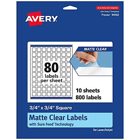 Today Only Avery&reg; Permanent Labels With Sure Feed&reg;, 94102-CMF10, Square, 3/4" x 3/4", Matte Clear, Pack Of 800