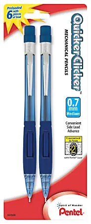Professional Grade Pentel&reg; Quicker Clicker&trade; Mechanical Pencil, 0.7mm, #2 Lead, Transparent Blue Barrel, Pack Of 2