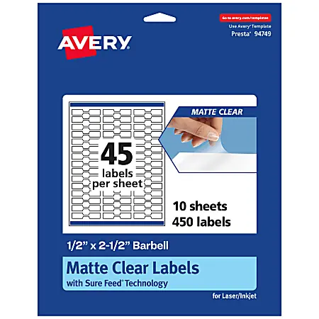 High Quality Avery&reg; Permanent Labels With Sure Feed&reg;, 94749-CMF10, Barbell, 1/2" x 2-1/2", Matte Clear, Pack Of 450