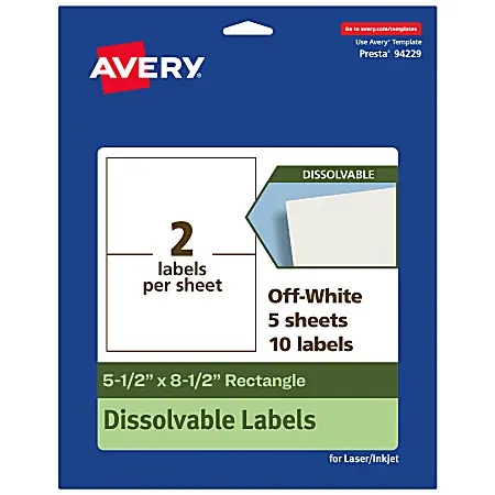 Avery&reg; Dissolvable Labels, 94229-DWMP5, Rectangle, 5-1/2"x8-1/2", Matte Off-White, Pack Of 10 Clearance