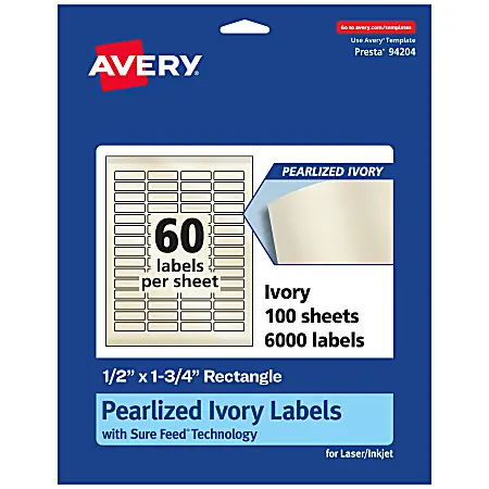 Trending Avery&reg; Pearlized Permanent Labels With Sure Feed&reg;, 94204-PIP100, Rectangle, 1/2" x 1-3/4", Ivory, Pack Of 6,000 Labels