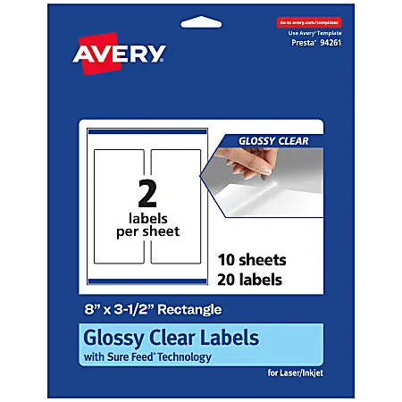 Last Chance Avery&reg; Glossy Permanent Labels With Sure Feed&reg;, 94261-CGF10, Rectangle, 8" x 3-1/2", Clear, Pack Of 20