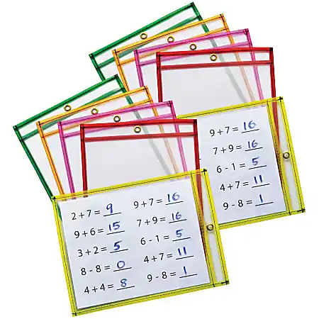 Pacon&reg; Dry-Erase Pockets, 9" x 12", Assorted Neon Colors, 10 Pockets Per Pack, Set Of 2 Packs In Demand