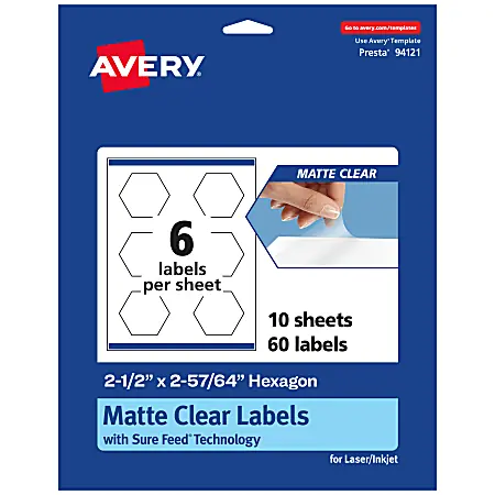 High Quality Avery&reg; Permanent Labels With Sure Feed&reg;, 94121-CMF10, Hexagon, 2-1/2" x 2-57/64", Matte Clear, Pack Of 60