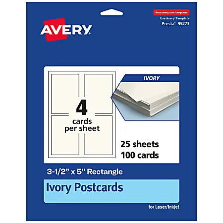 No Minimum Order Avery&reg; Printable Postcards, 95273-MIC25, Rectangle, 3.5" x 5", Matte Ivory, Pack Of 100