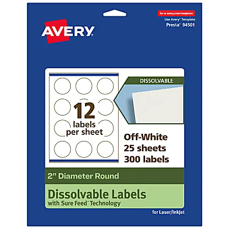 Hot Picks Avery&reg; Print-to-the-Edge Dissolvable Labels With Sure Feed&reg; Technology, 94501-DWMP25, Round, 2", Matte Off-White, Pack Of 300