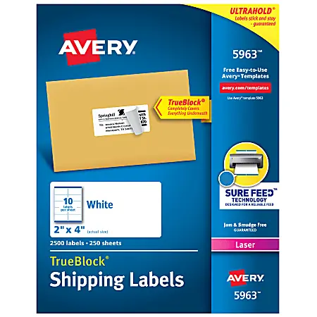 Top Rated Avery&reg; TrueBlock&reg; Shipping Labels With Sure Feed&reg; Technology, 5963, Rectangle, 2" x 4", White, Pack Of 2,500