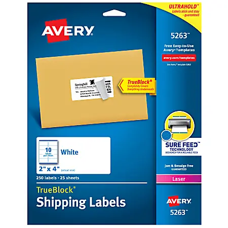 Avery&reg; TrueBlock&reg; Shipping Labels With Sure Feed&reg; Technology, 5263, Rectangle, 2" x 4", White, Pack Of 250 Clearance
