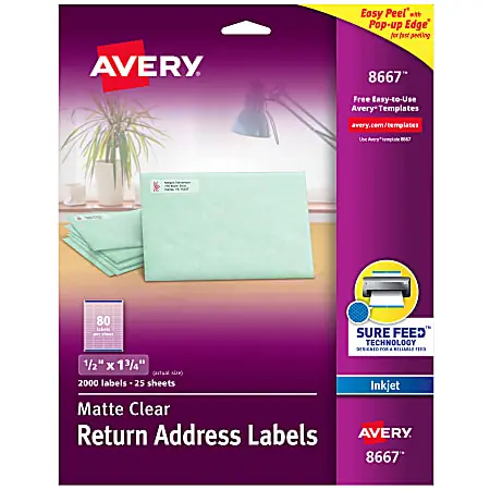 Avery&reg; Matte Return Address Labels With Sure Feed&reg; Technology, 8667, Rectangle, 1/2" x 1-3/4", Clear, Pack Of 2,000 Professional Grade
