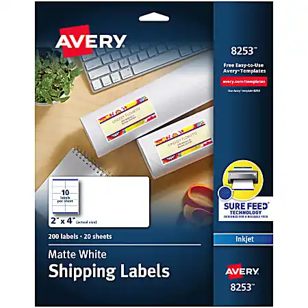 Hot Picks Avery&reg; Shipping Labels With Sure Feed&reg; Technology, 8253, Rectangle, 2" x 4", White, Pack Of 200 Labels