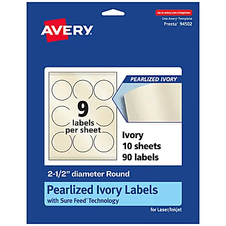 Avery&reg; Pearlized Permanent Labels With Sure Feed&reg;, 94502-PIP10, Round, 2-1/2" Diameter, Ivory, Pack Of 90 Labels Special Offer