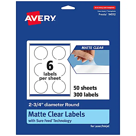 Order Now Avery&reg; Permanent Labels With Sure Feed&reg;, 94512-CMF50, Round, 2-3/4", Matte Clear, Pack Of 300