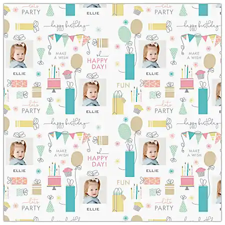 Custom Full-Color Gloss Finish Wrapping Paper, Standard Roll, 7' x 29-1/4", Pastel Birthday Icon Designs With Photos Grab Now