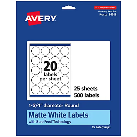 Weekend Sale Avery&reg; Permanent Labels With Sure Feed&reg;, 94509-WMP25, Round, 1-3/4" Diameter, White, Pack Of 500
