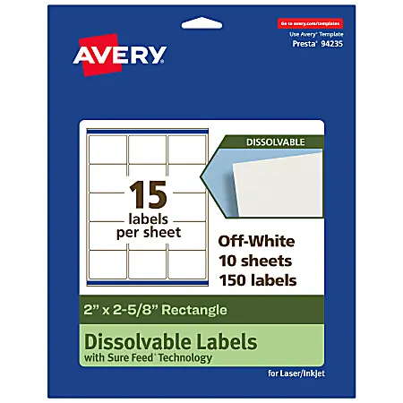 In Demand Avery&reg; Dissolvable Labels With Sure Feed&reg; Technology, 94235-DWMP10, Rectangle, 2"x2-5/8", Matte Off-White, Pack Of 150