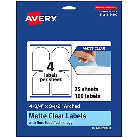 Avery&reg; Permanent Labels With Sure Feed&reg;, 94600-CMF25, Arched, 4-3/4" x 3-1/2", Matte Clear, Pack Of 100 Crafted