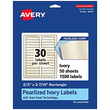 New Release Avery&reg; Pearlized Permanent Labels With Sure Feed&reg;, 94210-PIP50, Rectangle, 2/3" x 3-7/16", Ivory, Pack Of 1,500 Labels