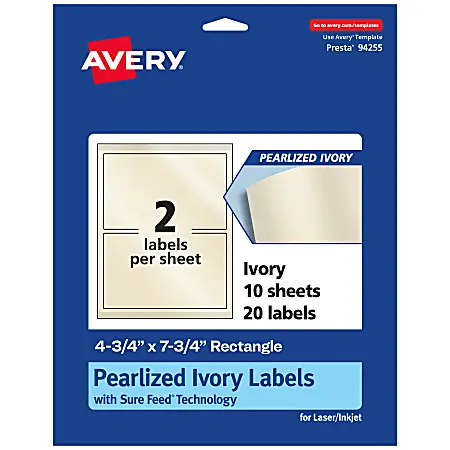 Avery&reg; Pearlized Permanent Labels With Sure Feed&reg;, 94255-PIP10, Rectangle, 4-3/4" x 7-3/4", Ivory, Pack Of 20 Labels Direct From Manufacturer