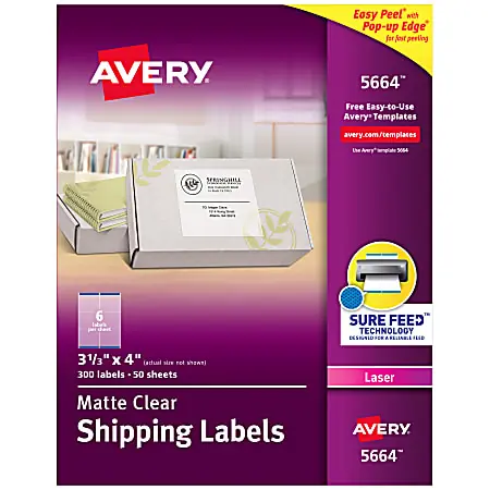 Avery&reg; Matte Shipping Labels With Sure Feed&reg; Technology, 5664, Rectangle, 3-1/3" x 4", Clear, Pack Of 300 Best Price