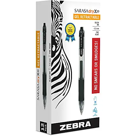 Hot Picks Zebra&reg; Pen SARASA&reg; X20 Retractable Gel Pens, Pack Of 12, Fine Point, 0.5 mm, Translucent Barrel, Black Ink