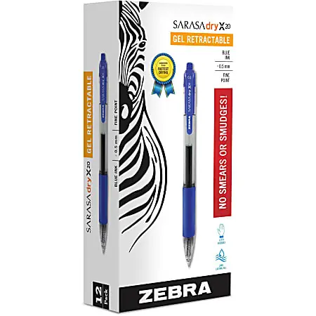 Exclusive Offer Zebra&reg; Pen SARASA&reg; X20 Retractable Gel Pens, Pack Of 12, Fine Point, 0.5 mm, Translucent Barrel, Blue Ink
