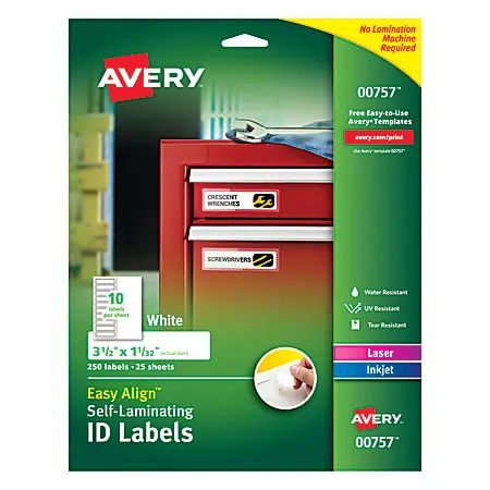 Avery&reg; Easy Align&trade; Self-Laminating ID Labels, AVE00757, 1 1/16" x 3 1/2", White, Pack of 250 Markdown