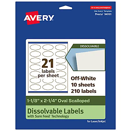 Direct From Manufacturer Avery&reg; Print-to-the-Edge Dissolvable Labels With Sure Feed&reg; Technology, 94061-DWMP10, Oval Scalloped, 1-1/8"x2-1/4", Matte Off-White, Pack Of 210