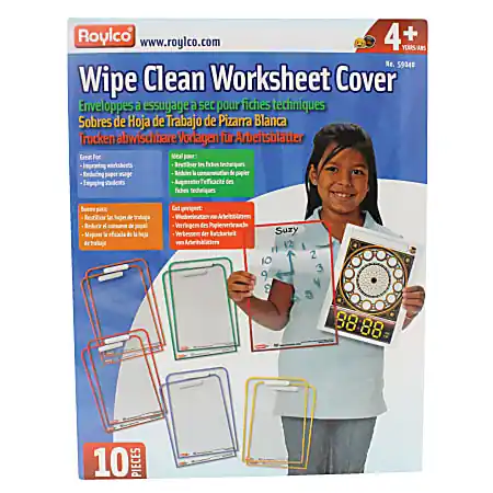 Fast Shipping Roylco Wipe Clean Dry-Erase Worksheet Covers, 12 1/2" x 8 3/4", Clear/Assorted Colors, Pack Of 10