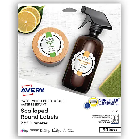 Avery&reg; Permanent Textured Labels With Sure Feed&reg;, 8218, Round Scallop, 2-1/2" Diameter, White, Pack Of 90 Save Now