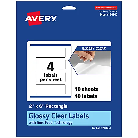 Fast Shipping Avery&reg; Glossy Permanent Labels With Sure Feed&reg;, 94242-CGF10, Rectangle, 2" x 6", Clear, Pack Of 40