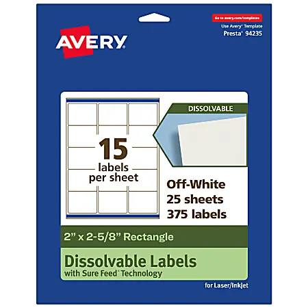 Cheap Avery&reg; Dissolvable Labels With Sure Feed&reg; Technology, 94235-DWMP25, Rectangle, 2"x2-5/8", Matte Off-White, Pack Of 375