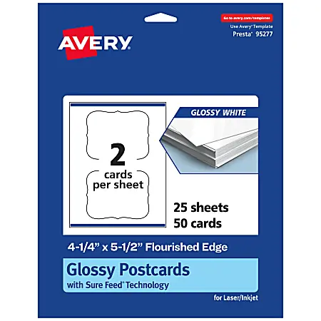 Avery&reg; Printable Postcards With Sure Feed&reg; Technology, 95277-GWC25, Rectangle Flourished Edge, 4.25" x 5.5", Glossy White, Pack Of 50 Weekend Sale