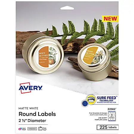 Avery&reg; Printable Labels With Sure Feed&reg;, 22562, Round, 2.5" Diameter, Matte White, 225 Customizable Labels Professional Grade