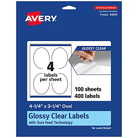 Avery&reg; Glossy Permanent Labels With Sure Feed&reg;, 94059-CGF100, Oval, 4-1/4" x 3-1/4", Clear, Pack Of 400 Factory Price