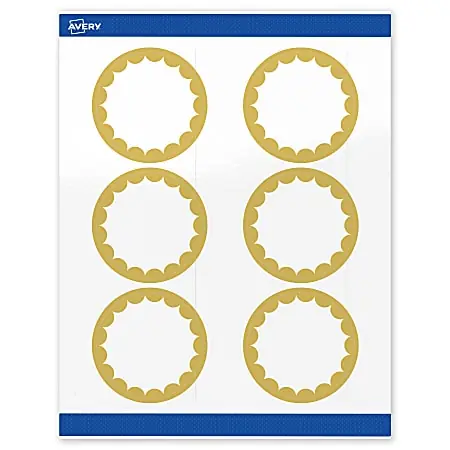 Same Day Shipping Avery&reg; Print-To-The-Edge Labels With Sure Feed&reg; Technology, S00-DK0-PRWGP10, Round, 3", Glossy White, Preprinted Gold Dots Edge Design, Pack Of 60