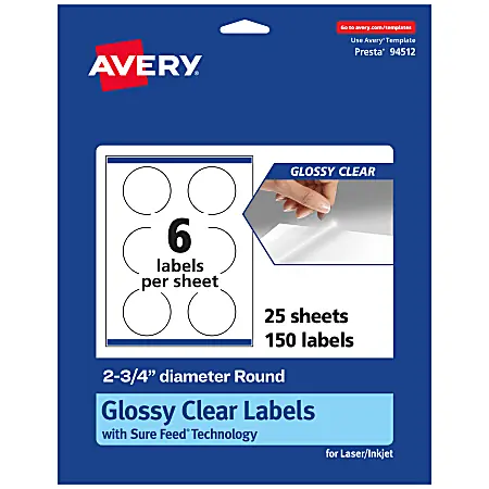 Premium Avery&reg; Glossy Permanent Labels With Sure Feed&reg;, 94512-CGF25, Round, 2-3/4" Diameter, Clear, Pack Of 150