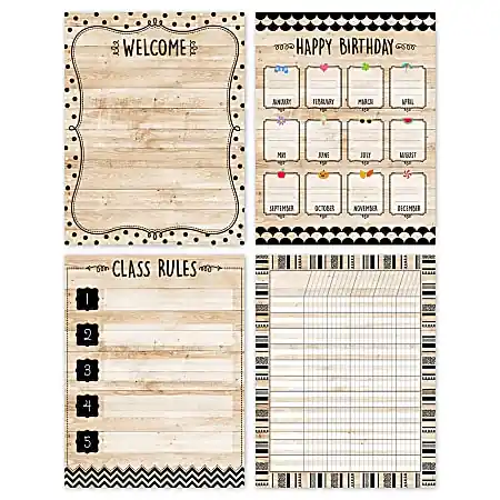 Buy Direct Creative Teaching Press Core Decor Classroom Essentials Charts, Black, White And Wood, 22" x 17", Pack Of 4 Charts