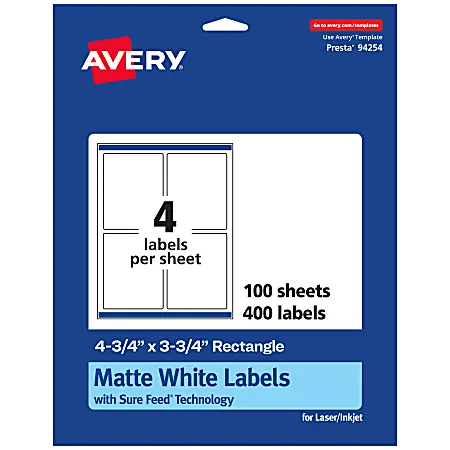 Avery&reg; Permanent Labels With Sure Feed&reg;, 94254-WMP100, Rectangle, 4-3/4" x 3-3/4", White, Pack Of 400 Fan Favorite