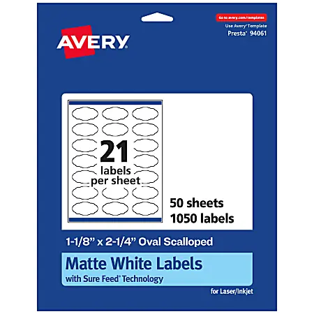 Discount Avery&reg; Permanent Labels With Sure Feed&reg;, 94061-WMP50, Oval Scalloped, 1-1/8" x 2-1/4", White, Pack Of 1,050