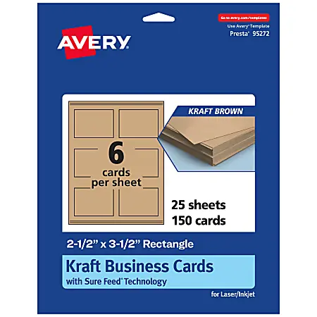 Avery&reg; Printable Business Cards With Sure Feed&reg; Technology, 95272-KMC25, Rectangle, 2.5" x 3.5", Kraft Brown, Pack Of 150 Editor’s Pick