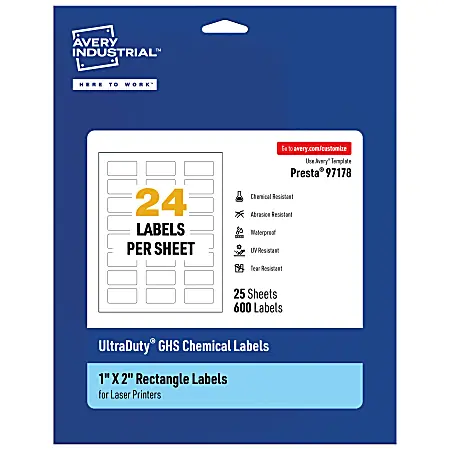 Avery&reg; Ultra Duty&reg; Permanent GHS Chemical Labels, 97178-WMU25, Rectangle, 1" x 2", White, Pack Of 600 Free Shipping