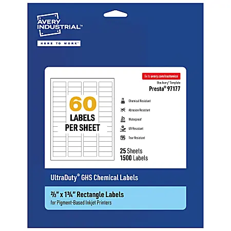 Avery&reg; Ultra Duty&reg; Permanent GHS Chemical Labels, 97177-WMUI25, Rectangle, 2/3" x 1-3/4", White, Pack Of 1,500 Buy Direct