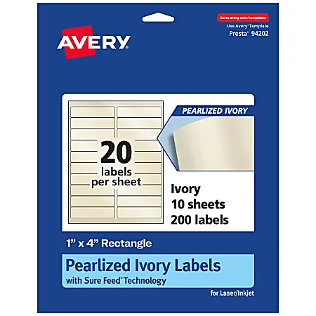 Limited Time Avery&reg; Pearlized Permanent Labels With Sure Feed&reg;, 94202-PIP10, Rectangle, 1" x 4", Ivory, Pack Of 200 Labels