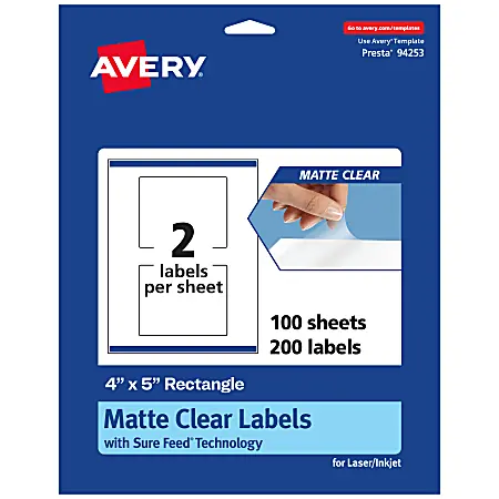 Avery&reg; Permanent Labels With Sure Feed&reg;, 94253-CMF100, Rectangle, 4" x 5", Matte Clear, Pack Of 200 Discount