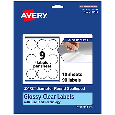 Price Drop Avery&reg; Glossy Permanent Labels With Sure Feed&reg;, 94516-CGF10, Round Scalloped, 2-1/2" Diameter, Clear, Pack Of 90