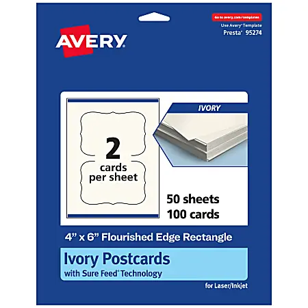 Avery&reg; Printable Postcards With Sure Feed&reg; Technology, 95274-MIC50, Rectangle Flourished Edge, 4" x 6", Matte Ivory, Pack Of 100 Warranty Included